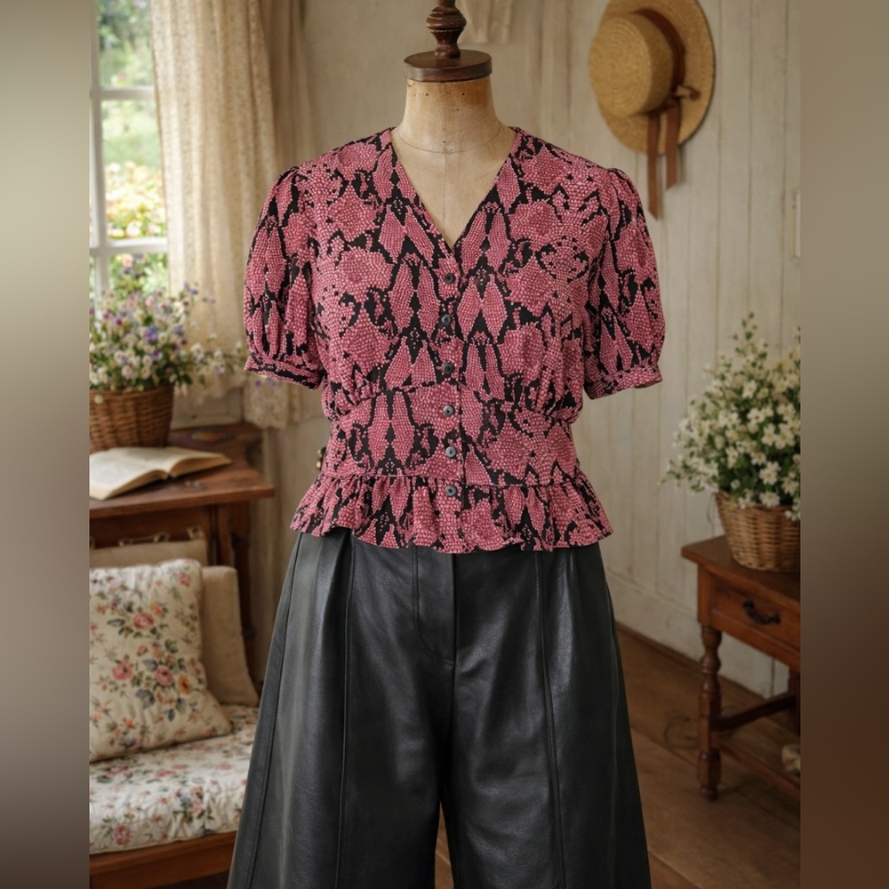 Ba&sh Cleo Pink and Black Snake Print Ruffle Blouse